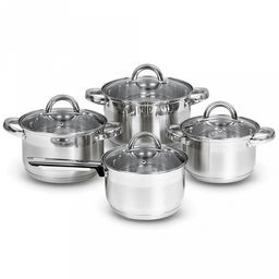 Набор посуды из нержавеющей стали "Kelli" 4 предмета: кастрюля 2,1л, 2,9л, 3,9л, сотейник 2,1л, стеклянная жаропрочная крышка, пароотвод, ручки из нержавеющей стали, капсульное дно, клепаные ручки, цветная коробка (Китай) Подходит для всех видов плит