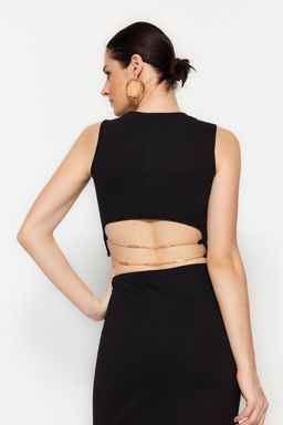 Siyah Zincir Detayl? Fitted/Vucuda Oturan Crop Bisiklet Yaka Fitilli Esnek Orme Bluz TWOSS23BZ00567 - Trendyolmilla фото 5