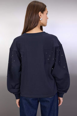 Lacivert Kusgozu Aksesuar Detayl? Bisiklet Yaka Oversize/Genis Kesim Orme Sweatshirt TWOAW26SW00038 - Trendyolmilla фото 7