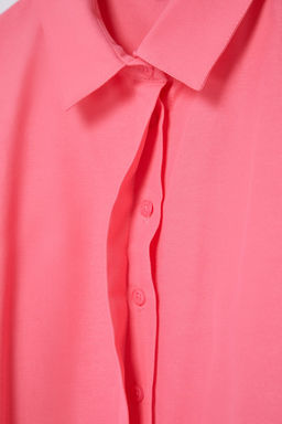 Pembe Crop Dokuma S?rt Dekolteli Keten Gorunumlu Plaj Gomlegi TBESS24GO00012