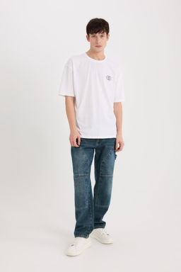 %100 Pamuk Oversize Geni_ Kal_p Bisiklet Yaka S_rt Bask_l_ K_sa Kollu Ti__rt
