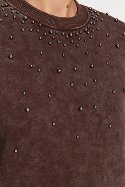 TRENDYOLMILLA Antrasit Eskitme/Soluk Efektli Kal?n Ici Polarl? Inci Detayl? Regular Orme Sweatshirt TWOAW24SW00152  фото 6