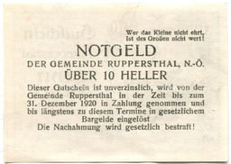 Банкнота 10 геллеров 1920 года Австрия  Руппершталь (нотгельд)