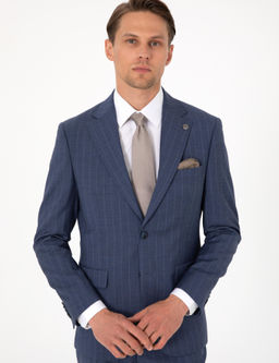 Koyu Mavi Slim Fit _izgili Y_n Tak_m Elbise