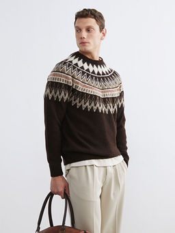 Bisiklet Yaka Desenli Erkek Triko Kazak