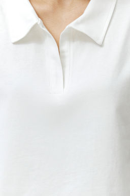 Ekru %100 Kal?n Pamuklu Polo Yaka Regular/Normal Kal?p Orme T-Shirt TWOSS24TS00075
