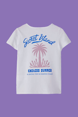 Ekru K?z Cocuk %100 Pamuk S?rt Bask?l? K?sa Kol Orme T-Shirt TKDSS25TS00085