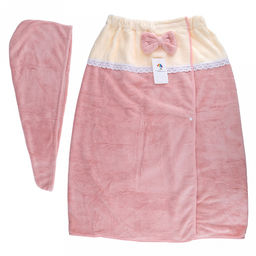 Полотенце (парео) махровое "Куколка" 80х165см, хлопок 100%, на резинке с липучкой, на кнопке, ажурный кант; с чалмой на пуговице 68х25см, розовый (Китай)