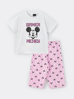 Bisiklet Yaka Mickey Mouse Bask?l? K?sa Kollu K?z ?ocuk Pijama Tak?m?