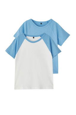 Ekru-Mavi 2li Erkek Cocuk %100 Pamuk Renk Bloklu K?sa Kol Orme T-Shirt TKDSS25TS00106