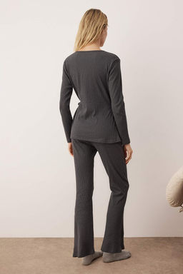 Gri Melanj Baglama Detayl? Kruvaze Yaka Fitilli Orme Pijama Tak?m? THMAW26PT00003 - Trendyolmilla фото 10