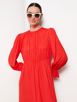 Bisiklet Yaka Desenli Uzun Kollu Saten Kad?n Elbise