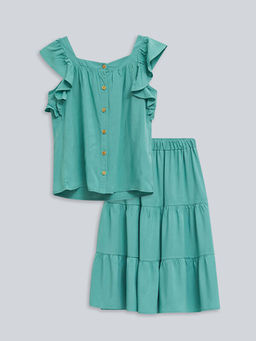 Kare Yaka Basic K?sa Kollu Poplin K?z ?ocuk Bluz ve Etek