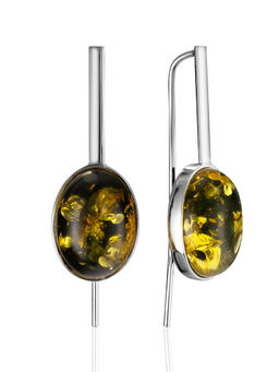 Яркие серьги-крючки Годжи с искрящимся тёмно-зелёным янтарём