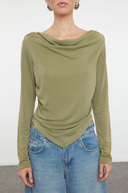 Yesil Modal Kumas Degaje Yaka Drapeli Vatkal? Asimetrik Orme Bluz TWOAW25BZ00031