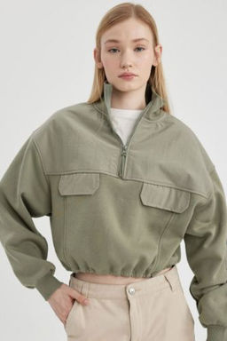 Coool Fermuarl? Yaka Crop Kal?n Sweatshirt