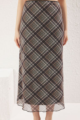 TRENDYOLMILLA Cok Renkli Ekose Desenli Tul Dantel detayl? Esnek Etek TWOSS25ET00153 фото 3