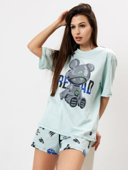 Комплект женский (футболка, шорты) в мятном цвете с медведями
