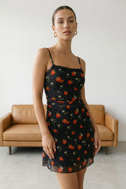 Cok Renkli Cilek Bask?l? Tul F?rf?rl? K?sa / Mini Esnek Orme Elbise TWOSS25EL00841