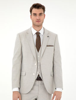 Bej Ex. Slim Fit Yelekli Tak_m Elbise