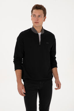 Erkek Comfort Fit Yar_m Fermuarl_ Siyah Sweatshirt