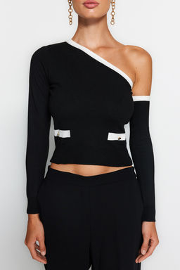 Siyah Merserize Gorunumlu Crop Kol C?kar?labilir Premium Iplik/Ozel Iplik Triko Kazak TWOAW24KZ01148 - Trendyolmilla фото 6