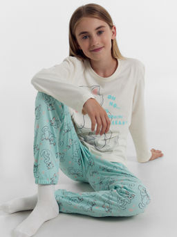 Комплект для девочек (джемпер, брюки) бежево-голубой с котиками