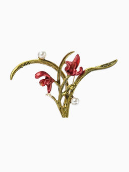 Брошь «Цветы» ирисы, жемчуг, цвет красно-зелёный