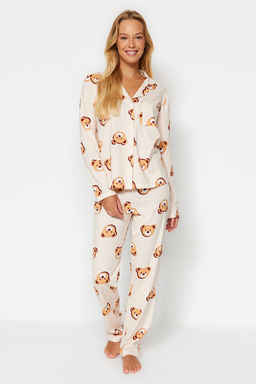 Trendyolmilla Ekru %100 Pamuklu Ay?c?kl? Gomlek-Pantolon Orme Pijama Tak?m? THMAW24PT00002 фото 11