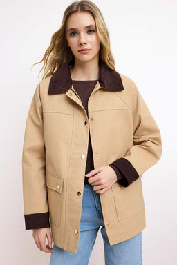 Vizon Oversize Kal?p Kontrast Kadife Detayl? Mumlu Ceket Mont TWOSS26MO00000