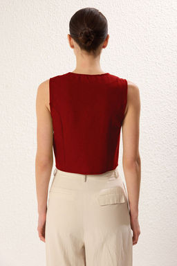K?rm?z? Regular Pamuk Crop Keten Dokuma Yelek TWOSS24YE00024