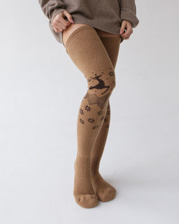 Теплые чулки из монгольской шерсти рыжие с рисунком