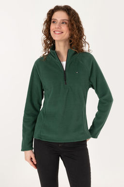 Kad_n Koyu Ye_il Fermuarl_ Dik Yaka Polar Sweatshirt