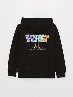 Kap??onlu Bask?l? Uzun Kollu Erkek ?ocuk Fermuarl? Sweatshirt