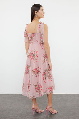 Pembe Cicekli A Kesim Y?rtmacl? S?rt? Gipe Detayl? Sifon Astarl? Midi Dokuma Elbise TWOSS24EL00699