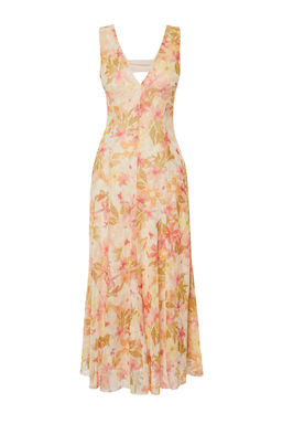 Cok Renkli Cicekli Cicek Bask?l? V Yaka Tul Esnek Orme Elbise TWOSS24EL00384