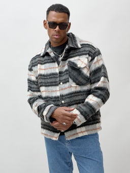 Куртка рубашка шерстяная в клетку мужская демисезонная темно-серого цвета 58565TC