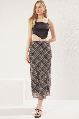 TRENDYOLMILLA Cok Renkli Ekose Desenli Tul Dantel detayl? Esnek Etek TWOSS25ET00153 фото 2