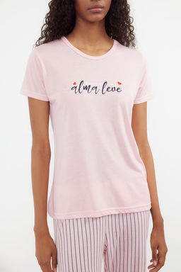 Trendyolmilla Mint Slogan Bask?l? Cizgili Orme Pijama Tak?m? THMSS24PT00251  фото 3