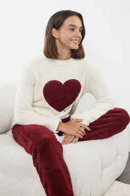 Trendyolmilla Ekru-Bordo Kalpli Wellsoft K?sl?k Orme Pijama Tak?m? THMAW25PT00087
