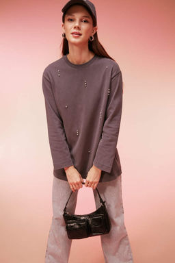 Футболка-туника с длинными рукавами из чесаного хлопка с круглым вырезом и вышивкой обычного кроя