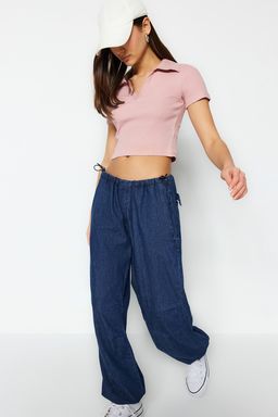 Trendyolmilla Siyah Fitted/Vucuda Oturan Crop Polo Yaka Fitilli Esnek Orme Bluz TWOSS21BZ0038  фото 8