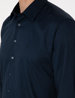 Lacivert %100 Pamuk Parlak Saten Slim Fit Uzun Kollu Basic G_mlek
