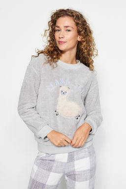 Trendyolmilla Gri Wellsoft Lama Desenli K?sl?k Orme Pijama Tak?m? THMAW24PT00029