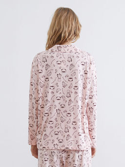 G?mlek Yaka Bask?l? Kad?n Pijama ?st?