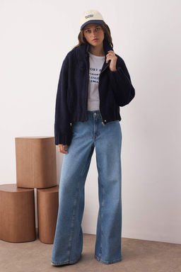 Lacivert Regular Kal?p Tuylu Kase Bomber Ince Ceket Mont TWOAW26MO00101 - Trendyolmilla фото 3