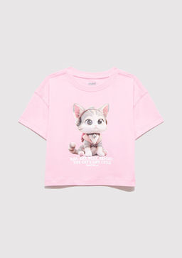 Kedi Bask?l? Crop Pembe Tisort