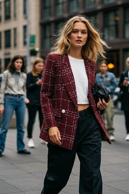 Bordo Oversize Dokuma Ekose Blazer Ceket TWOAW21CE0105