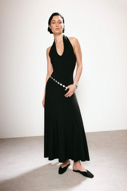 Trendyol Studio Collection Siyah Belden Ac?lan Kemerli Kolsuz Esnek Orme Elbise TWOSS26EL00391 - Trendyolmilla фото 3