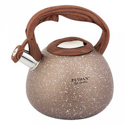 Чайник из нержавеющей стали Zeidan 3л, со свистком, литой корпус, внешнее антипригарное мраморное покрытие, устойчивое к высоким температурам, фиксированная прорезиненная ручка под дерево, курковый механизм, индукционное дно, коричневый, подарочн